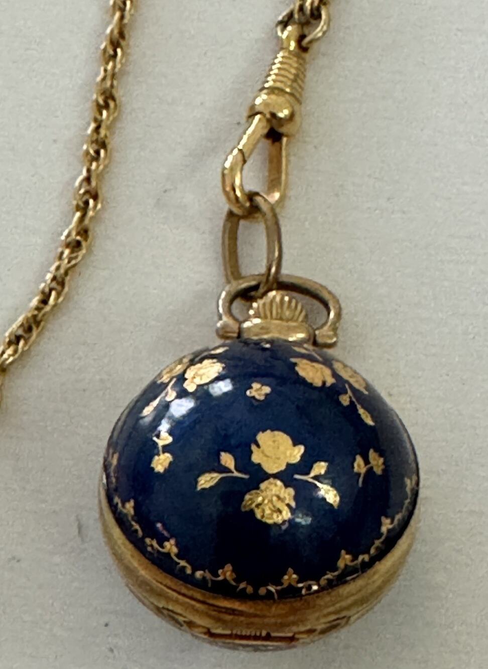 Vintage Bucherer Swiss Pendant Watch Gold Tone Necklace Blue Enamel Floral 28”